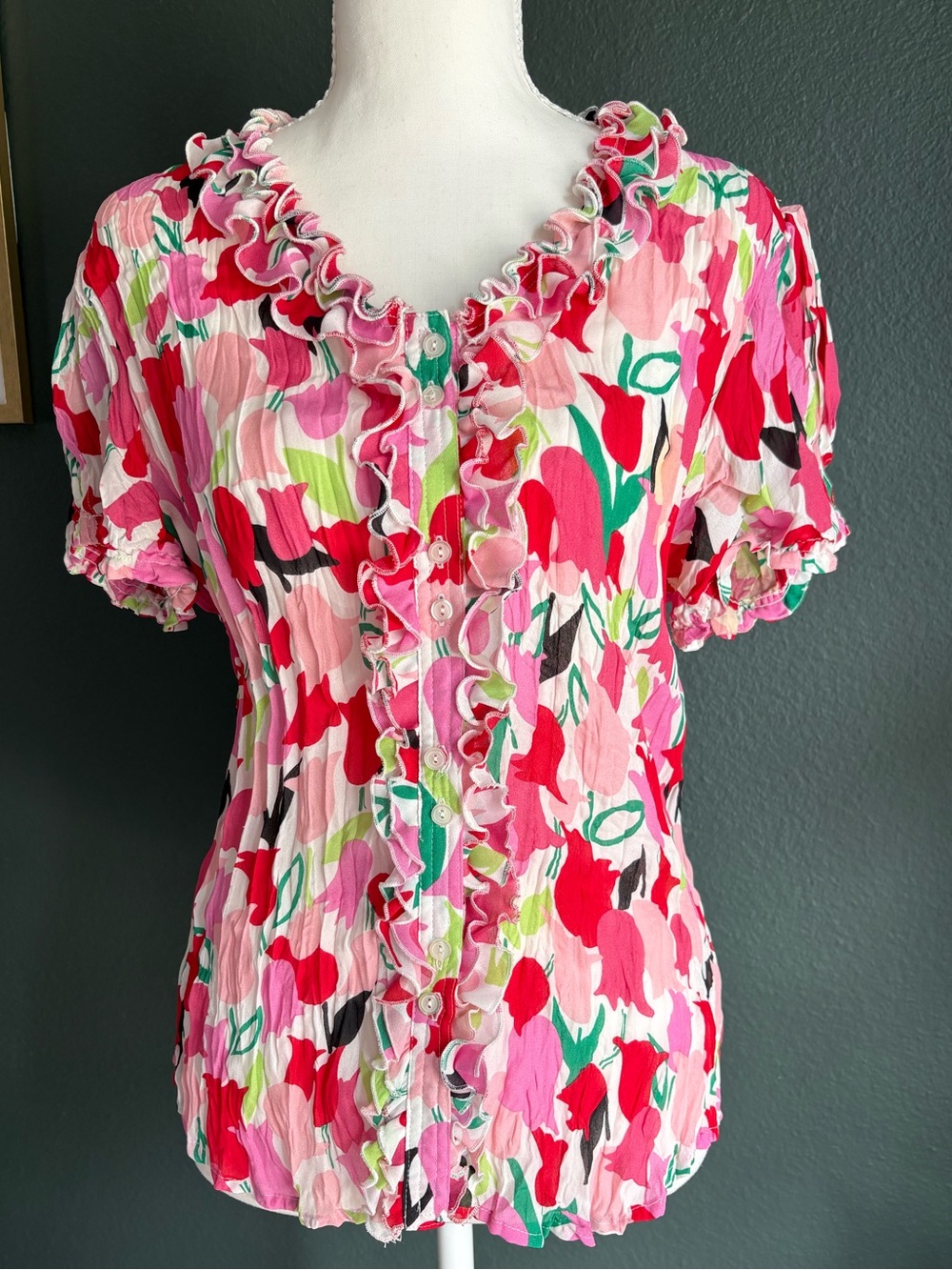 Y2K Sunny Leigh Pink Floral Ruffle Button Blouse Top Womens L